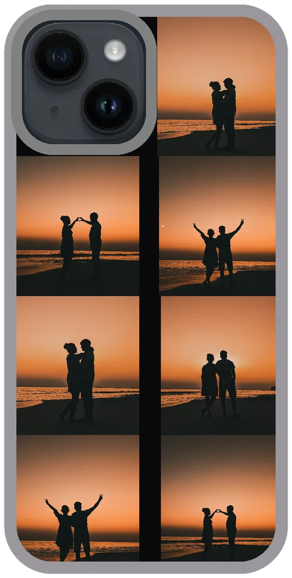 Case con collage de fotos de pareja en la playa al atardecer